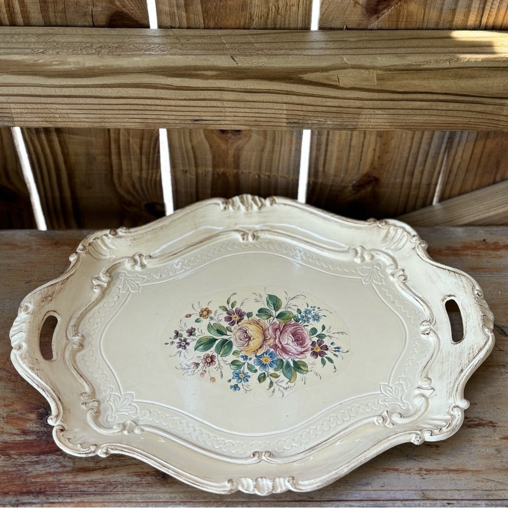 Vintage Florence Italy Firenze Decor Tray Hand Painted Flowers 17"x12” - Picture 2 of 7
